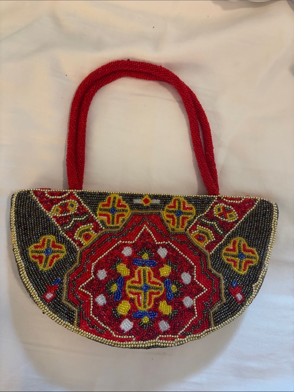 Embellished Red Beaded Half-Moon Clutch